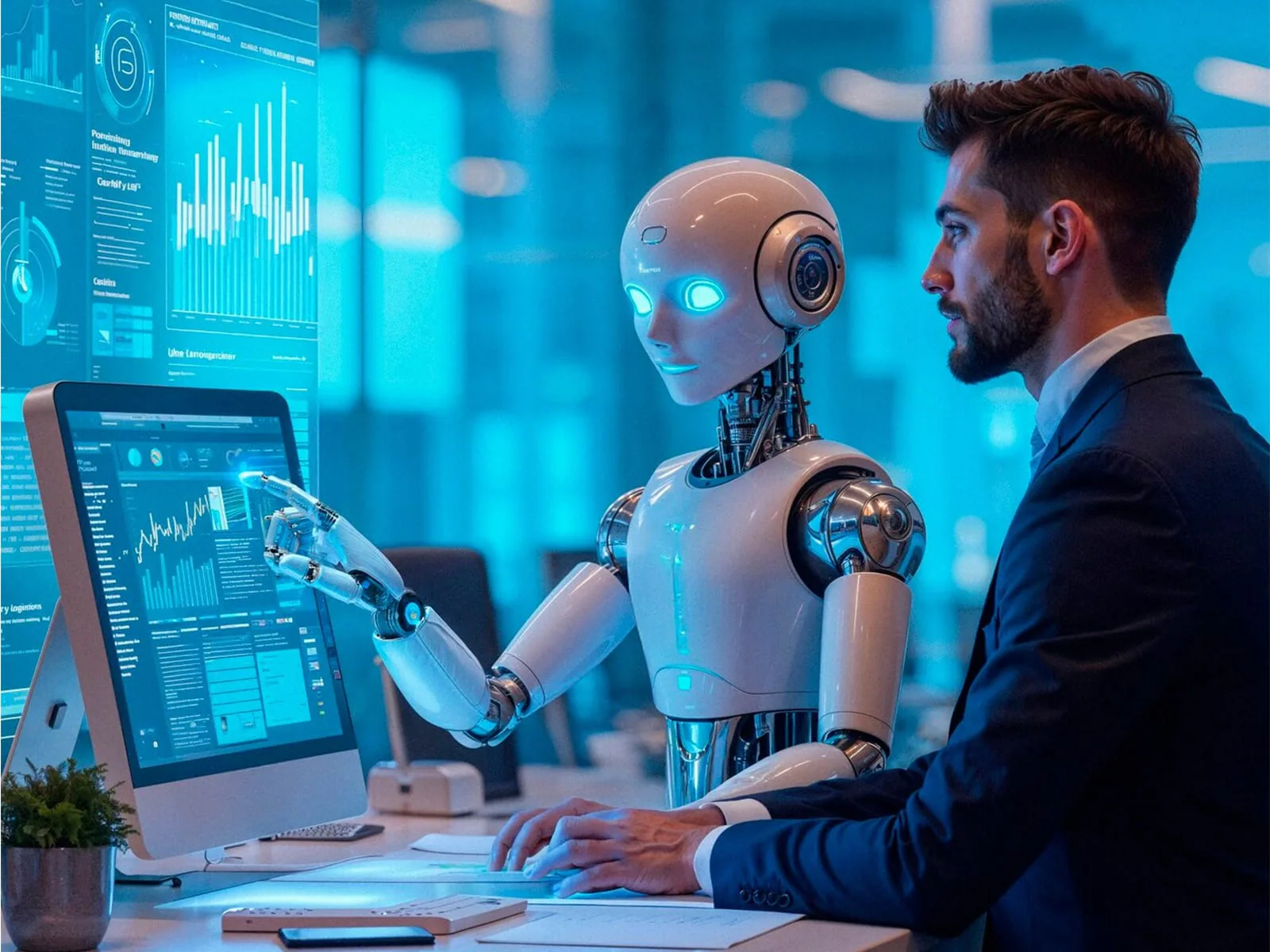 Businessman working alongside a humanoid robot at a computer — AI and business automation