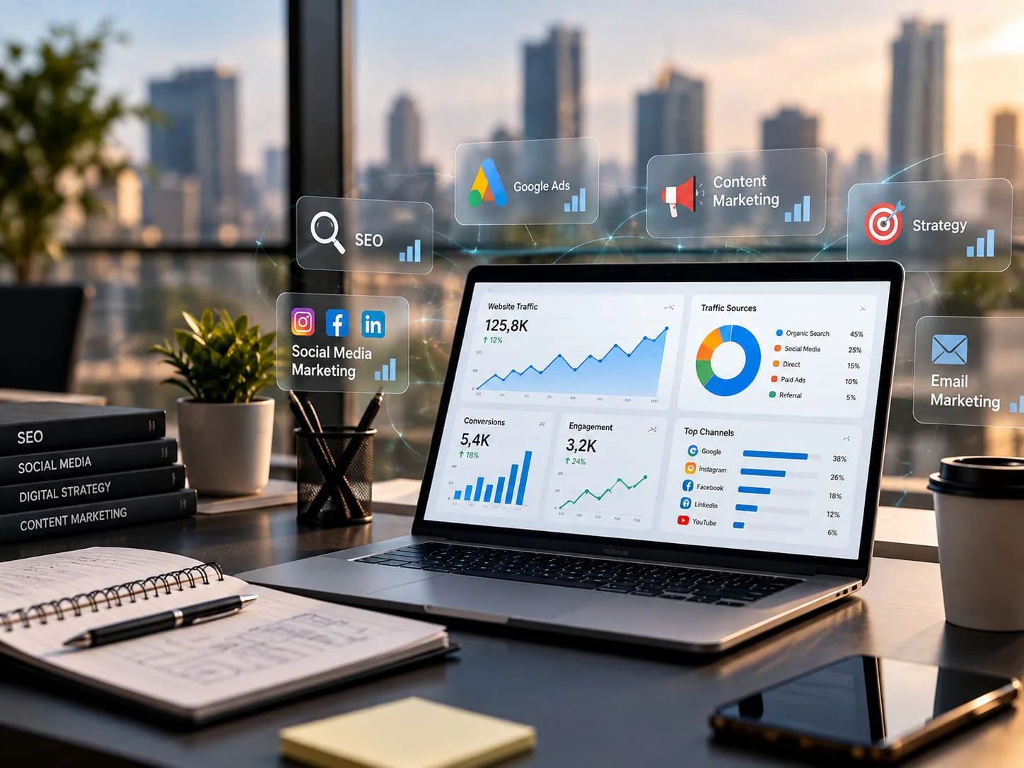 Laptop showing a marketing dashboard with SEO, Google Ads and social media metrics