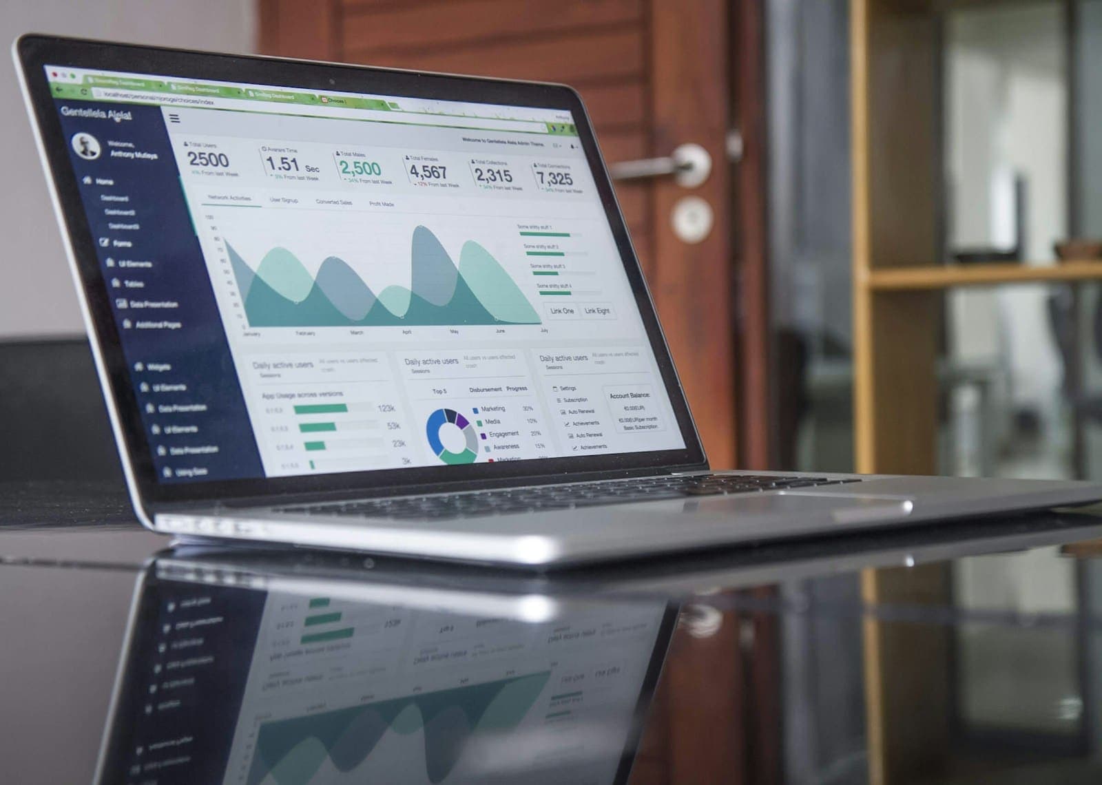 Laptop displaying marketing performance charts for SEO and paid advertising campaigns