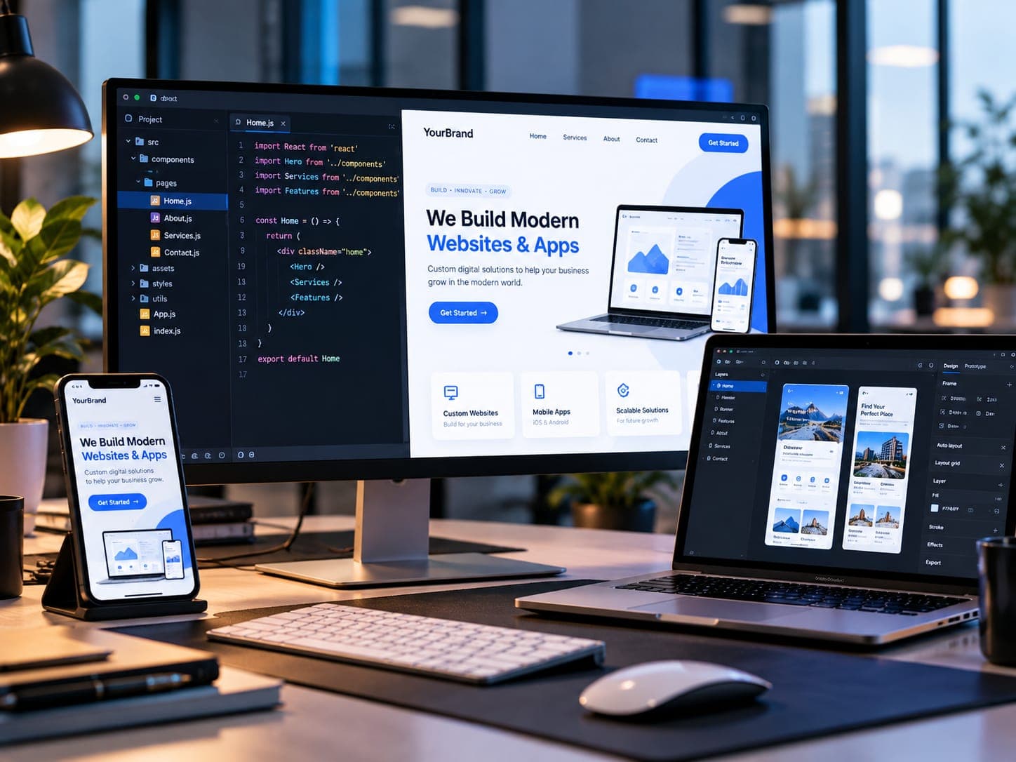 Website code beside the finished responsive site on desktop, laptop and mobile screens