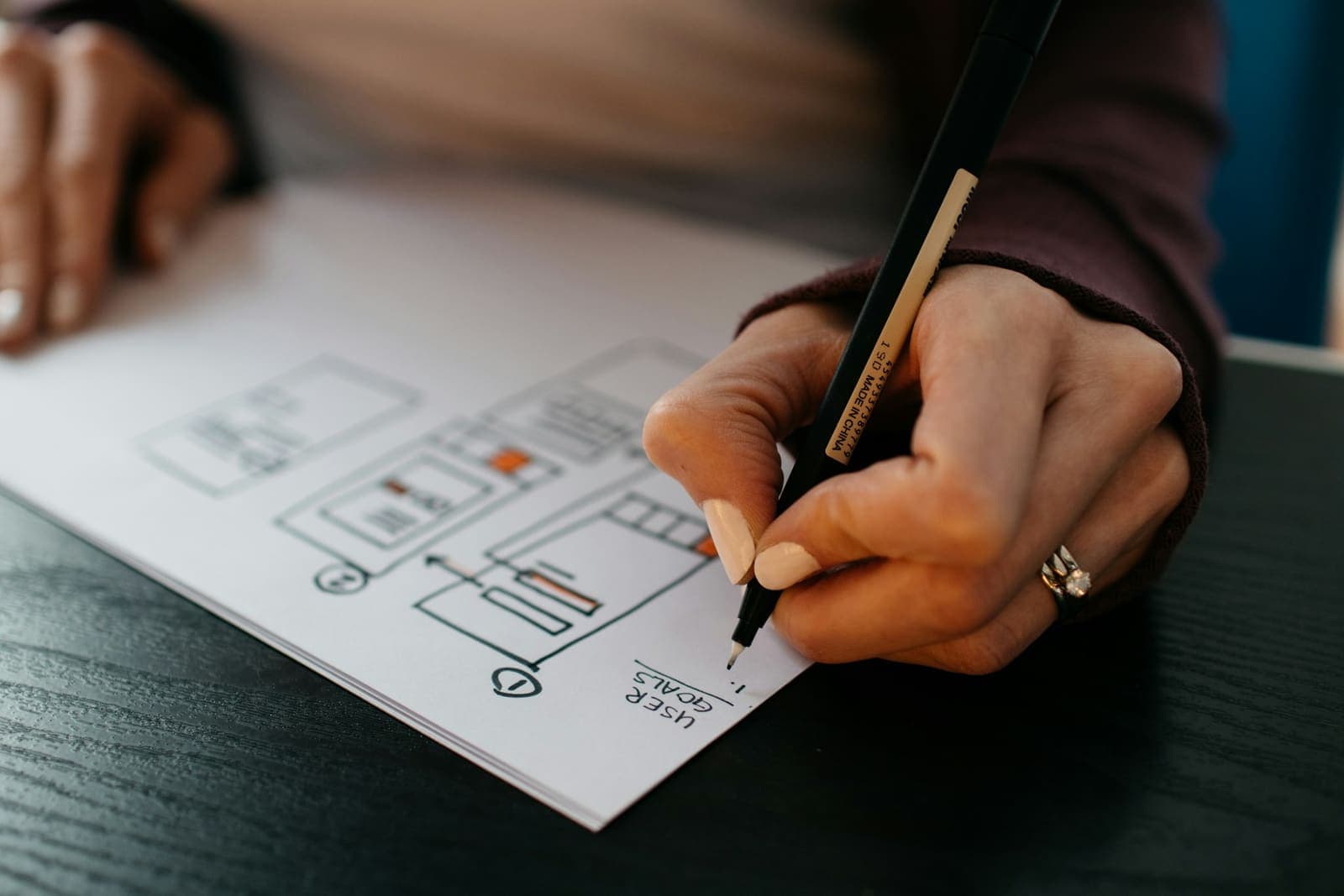 Designer sketching a website wireframe and user interface layout on paper
